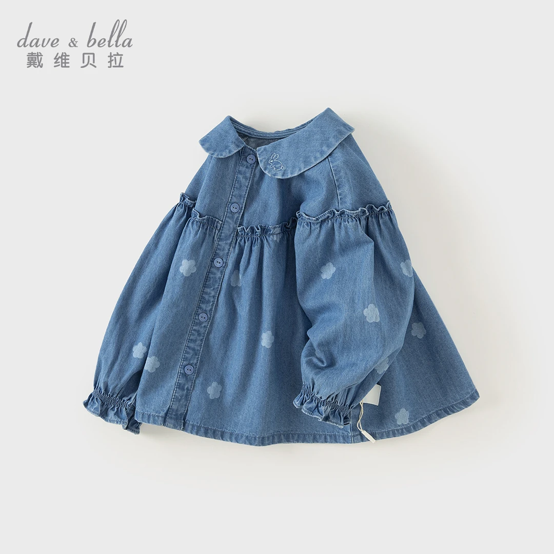 戴维贝拉儿童秋装衬衫女童棉感娃娃领花边甜美文艺软牛仔衬衣外套