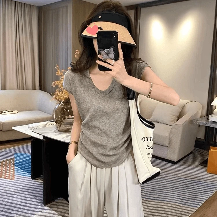 冰丝针织衫T恤女2025夏季新款软糯薄款U领短袖修身纯色打底衫上衣