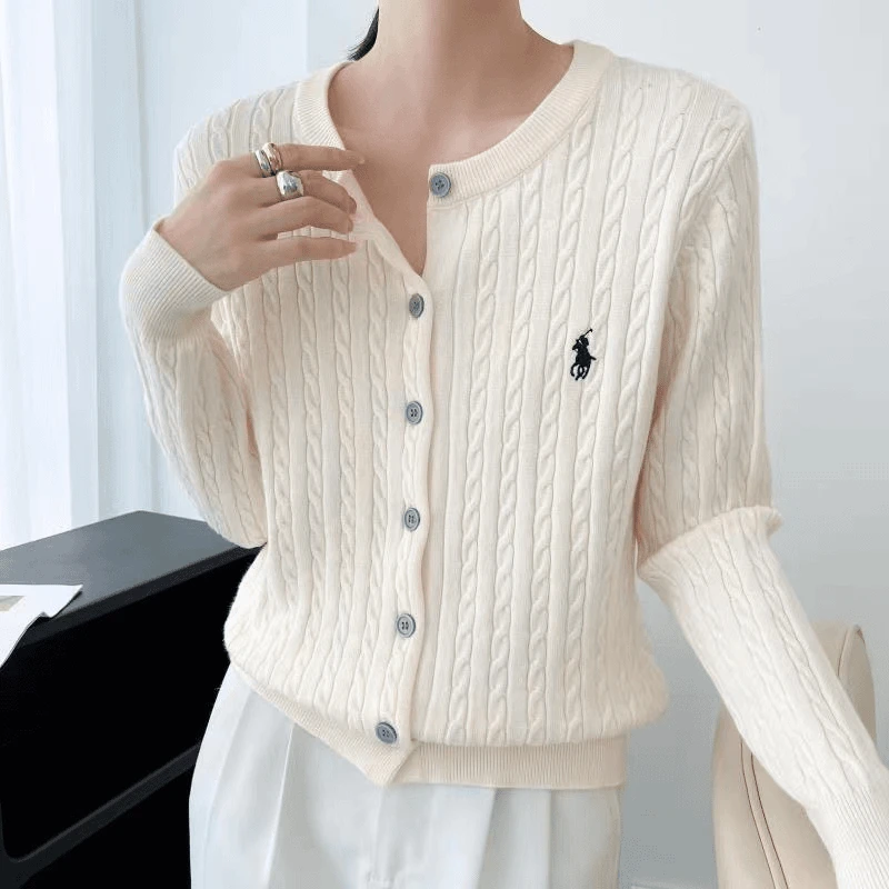 2024新款长袖小马刺绣针织开衫女外搭软糯显瘦麻花毛衣外套上衣