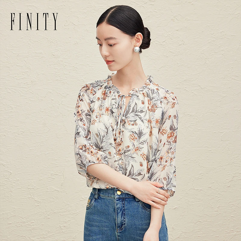 FINITY菲妮迪新品七分袖印花碎花显瘦气质洋气时尚百搭设计感款L