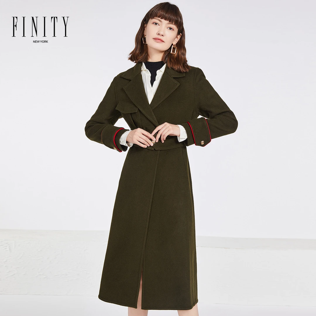 【小晴专属】FINITY 时尚设计师军绿色中长款毛呢大衣 F20QDT016D