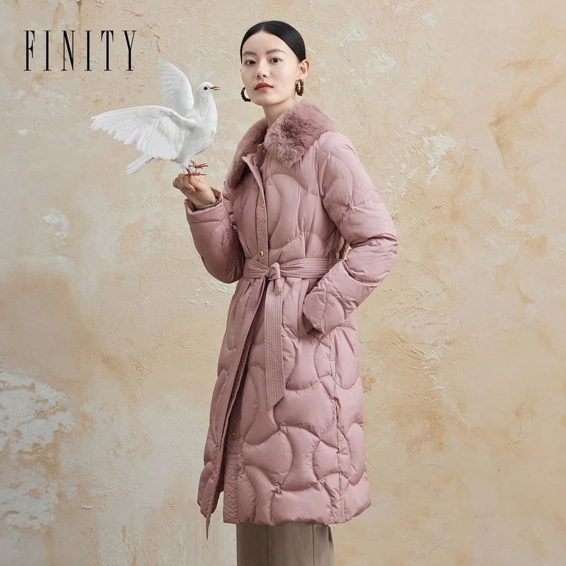 FINTIY冬季保暖韩版过膝时尚连帽保暖加厚鹅绒羽绒服收腰修身女士