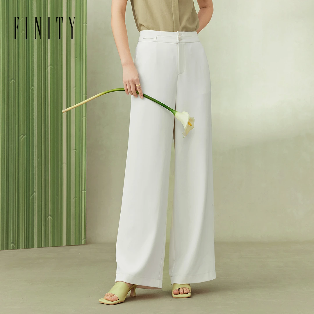 FINITY菲妮迪新款高腰显瘦百搭直筒薄款休闲裤女垂感直筒裤白色夏