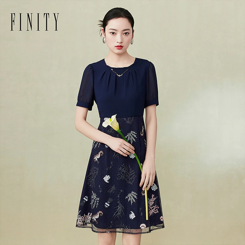 FINITY菲妮迪新款连衣裙显瘦气质时尚蓝色夏季复古修身女装连衣裙