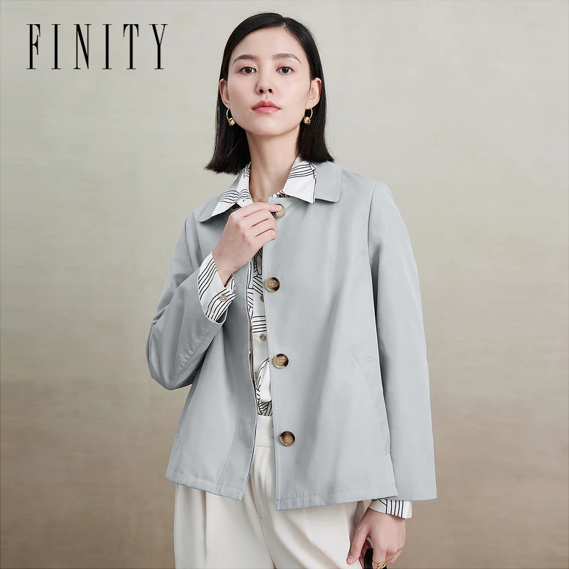 FINITY春秋季新款风衣外套时尚休闲气质通勤女翻领气质女士蓝色