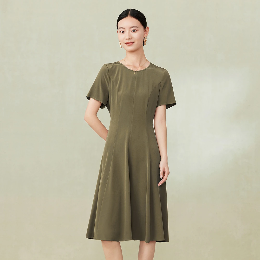 FINITY菲妮迪新品100%桑蚕丝连衣裙女装气质绿色夏季复古国风法式