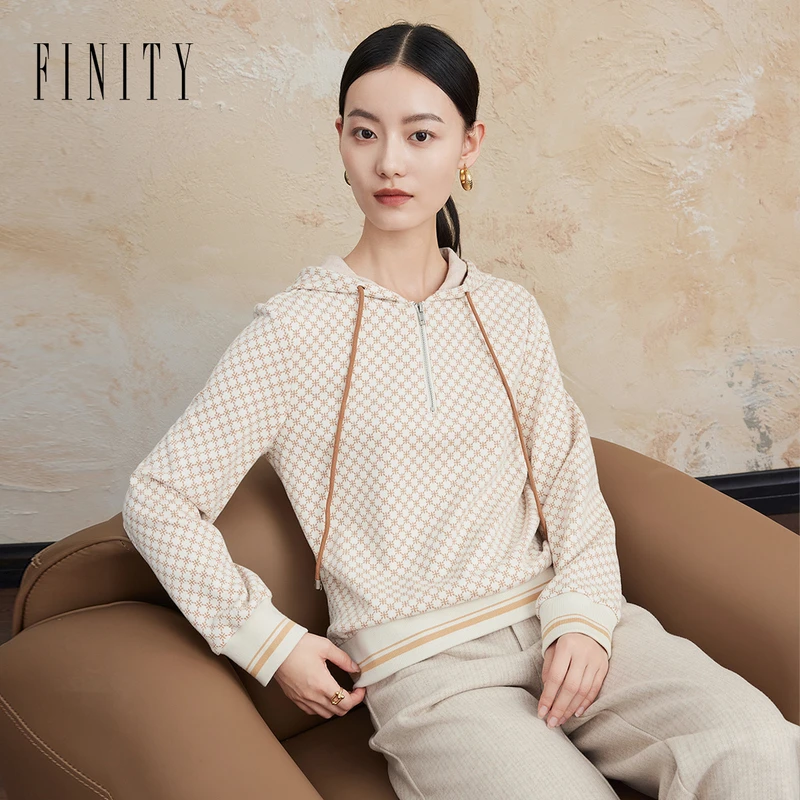 FINITY菲妮迪秋冬卫衣女连帽印花宽松时尚气质套头上衣女简约运动