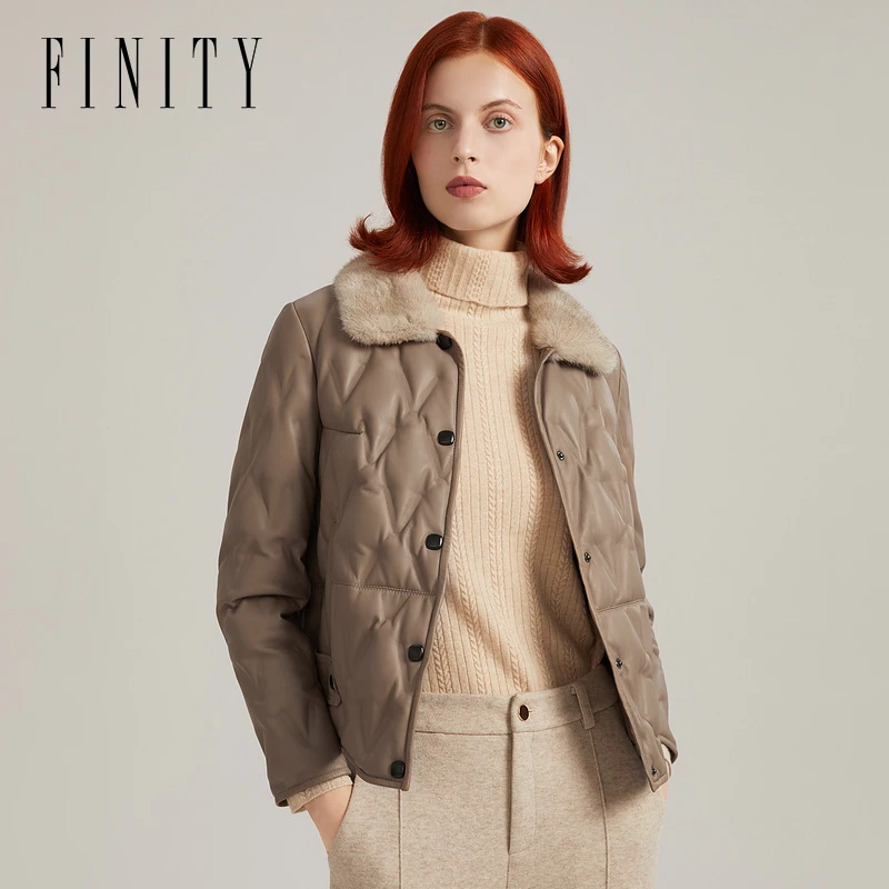 FINITY冬季新款派克服时尚保暖翻领毛领单排秋冬厚外套女休闲百搭