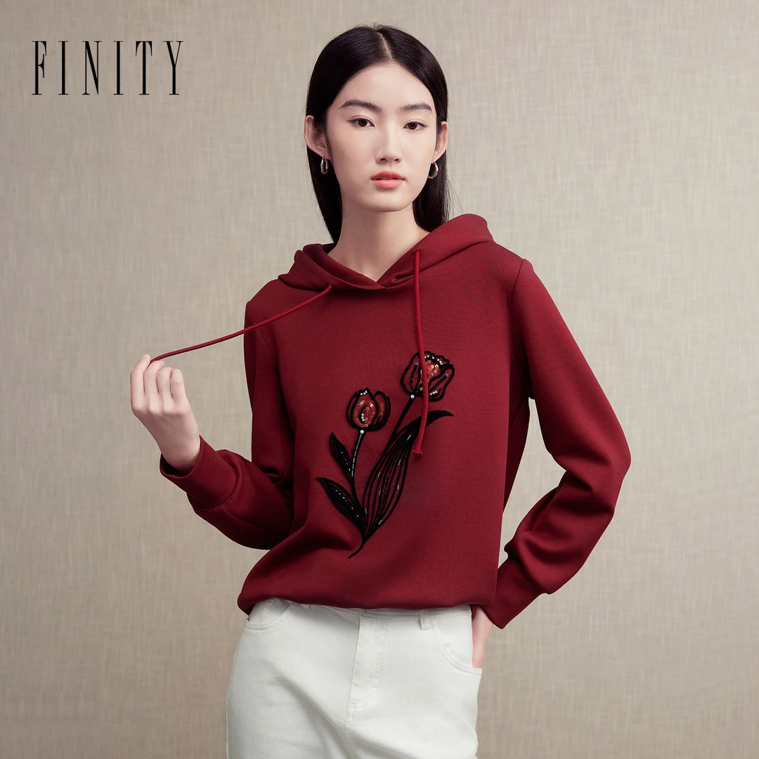 FINITY菲妮迪卫衣女连帽印花宽松时尚气质套头上衣女百搭红色加厚