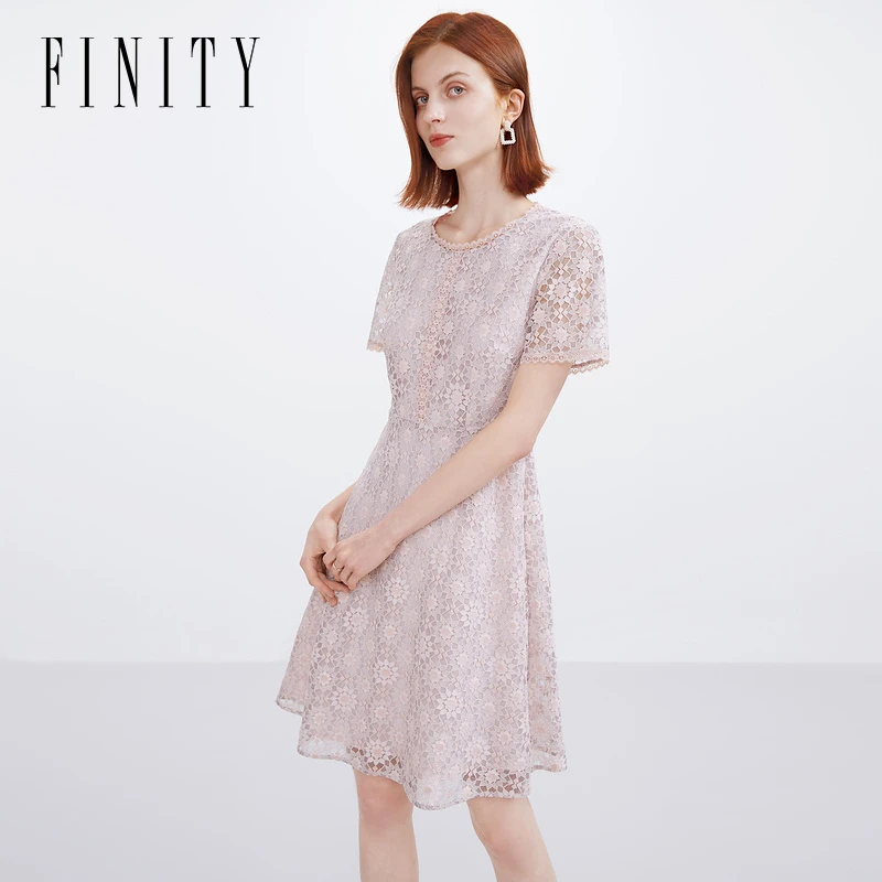 FINITY新款法式蕾丝连衣裙女格子中长款大摆a字裙子女F21W3D01L3