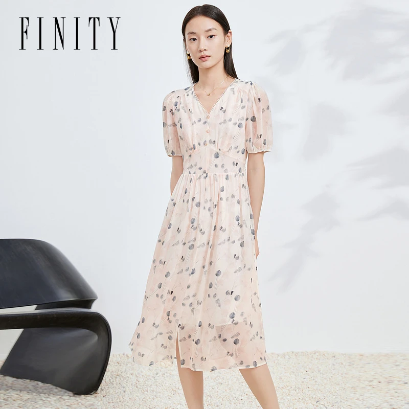 FINITY100%桑蚕丝连衣裙新款真丝气质花色女女装连衣裙碎花时尚
