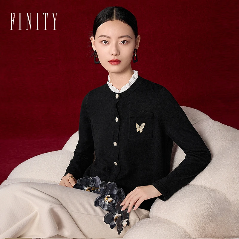 FINITY新款时尚纯色针织衫长袖针织衫小香风气质休闲短款百搭黑色