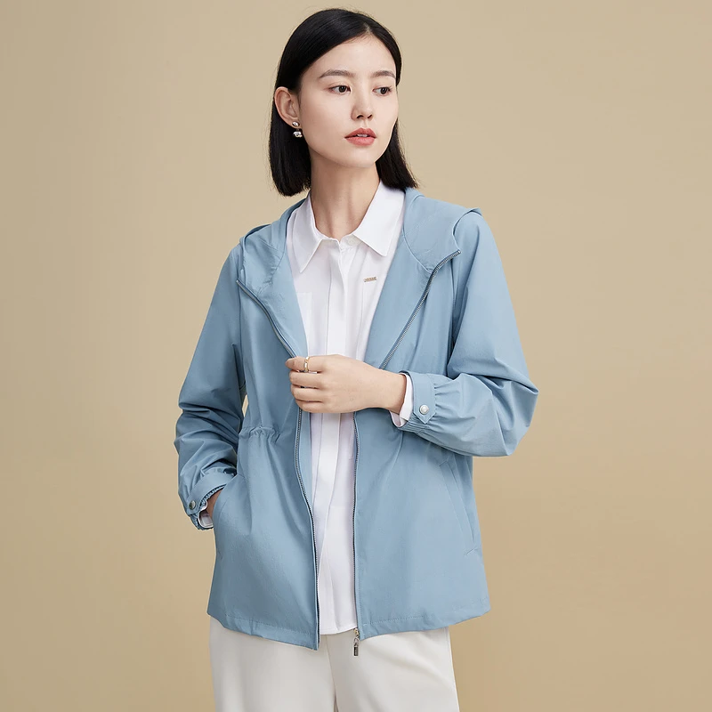 FINITY菲妮迪女士时尚休闲蓝色连帽洋气短款风衣长袖户外百搭风衣