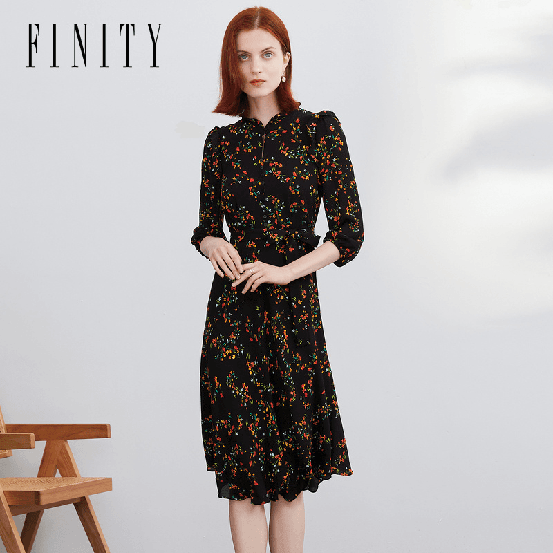FINITY2022年秋季连衣裙复古气质碎花国风提花优雅时尚F21V7A32L5