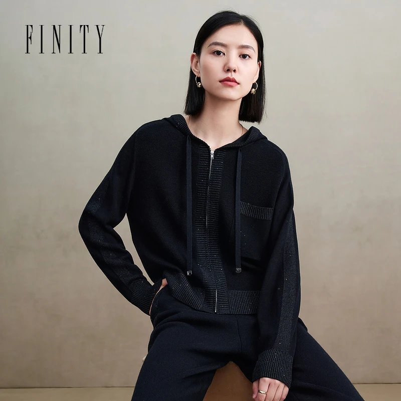 【三姐妹】FINITY 拼接针织衫女简约时尚连帽百搭开衫 F21W9C46Z1