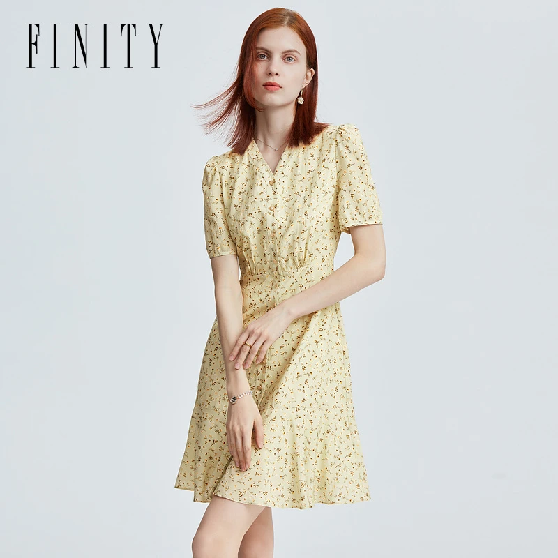 【小水专属】FINITY 蕾丝新款印花拼接连衣裙气质修身 F21W4C12L3
