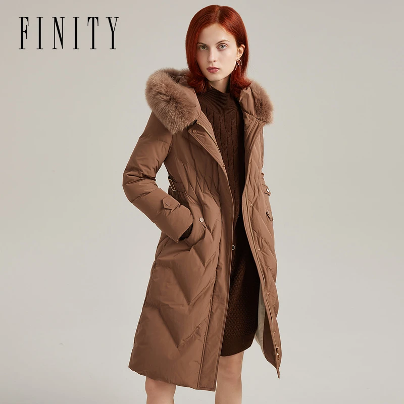 FINITY新款羽绒服连帽保暖女时尚收腰大毛领休闲女士加厚白鸭绒
