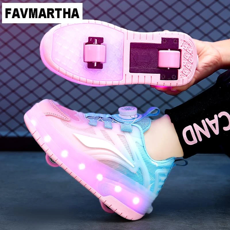 FAVMARTHA暴走鞋女童四季儿童旋转扣运动轮滑鞋双轮可收女孩网红