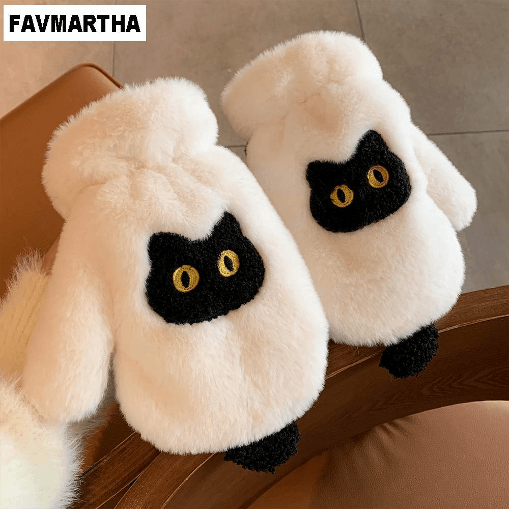 FAVMARTHA毛绒连指手套女冬季2023新款加绒可爱小糖豆全包手指可