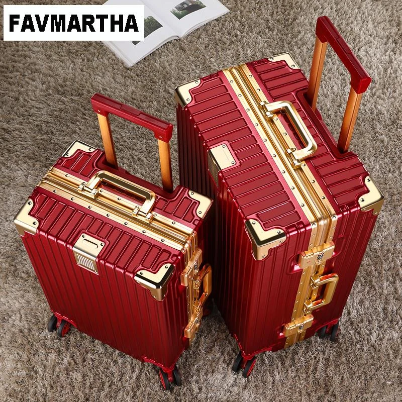 FAVMARTHA红色结婚行李箱新娘陪嫁箱婚庆密码箱女酒红压箱金色铝