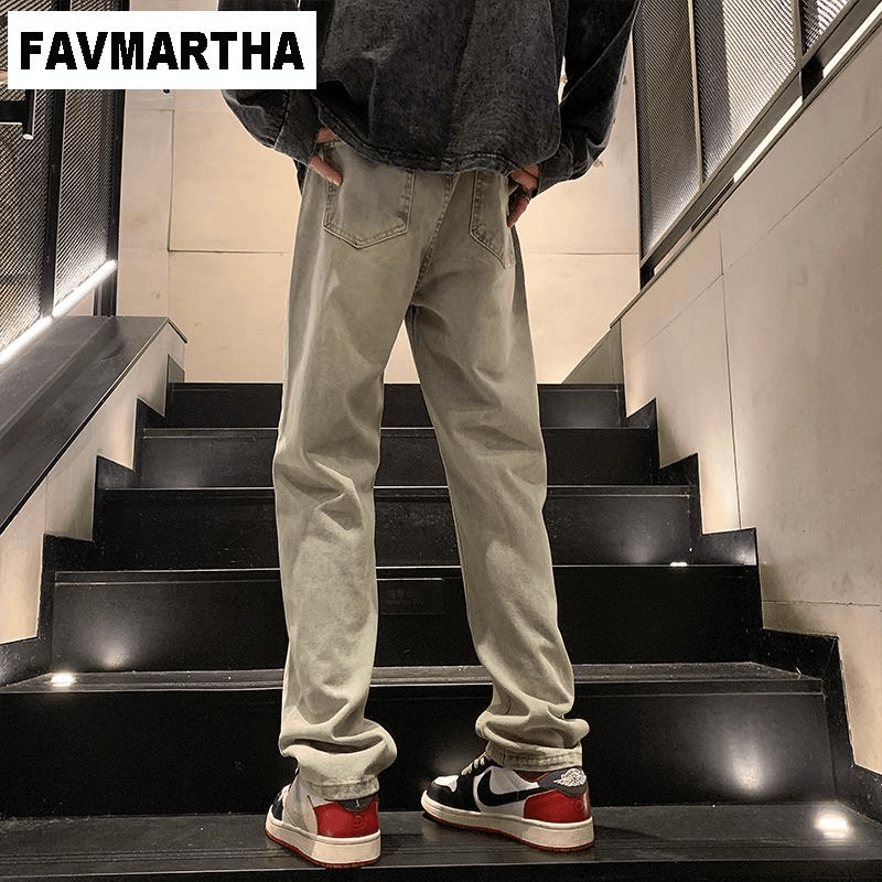 FAVMARTHA美式高街黄泥牛仔裤男秋冬季加绒2023新款潮牌修身直筒