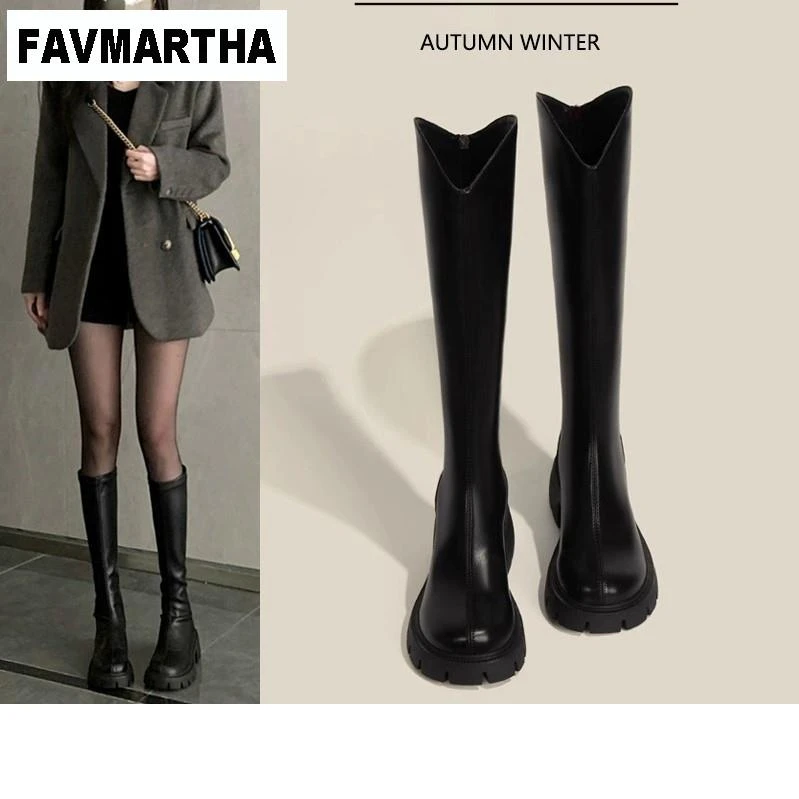 FAVMARTHA黑色靴子女长筒靴女2025新款秋冬季V口高筒马丁靴显瘦长