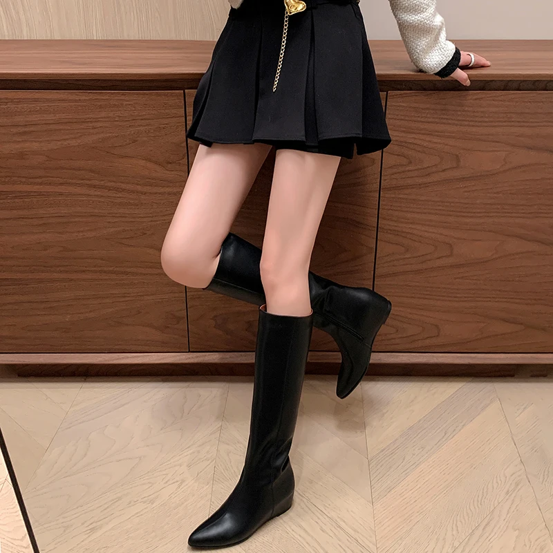 2024新款秋冬尖头内增高小个子不过膝长靴侧拉链骑士靴真皮高筒靴