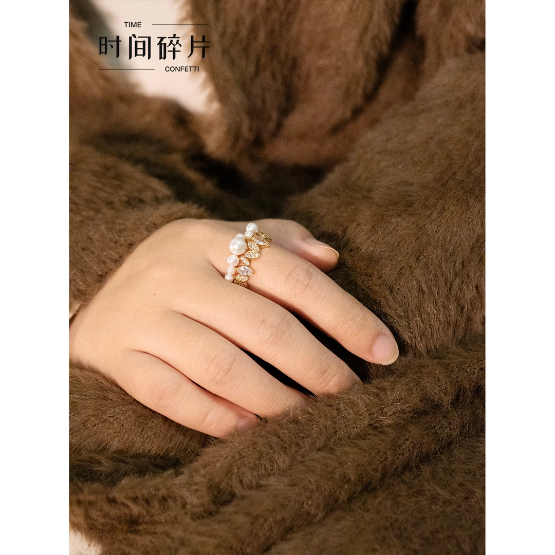 铜合金戒指 【孙二娘】法式轻奢小众设计珠珠叶子开口戒指TC 5960