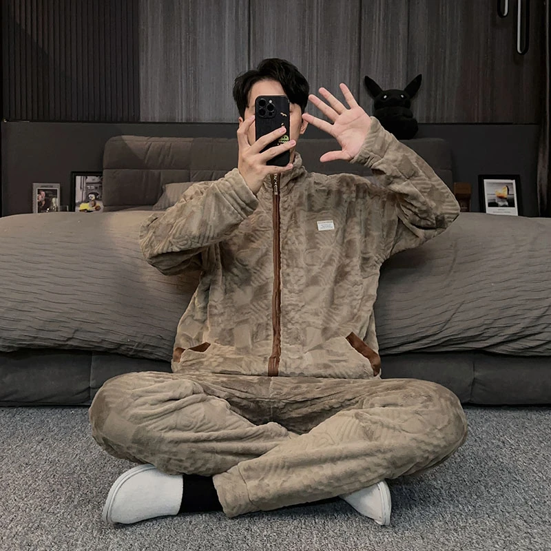 海岛绒男士睡衣冬款2025新款拉链可外穿保暖加绒加厚家居服法兰绒