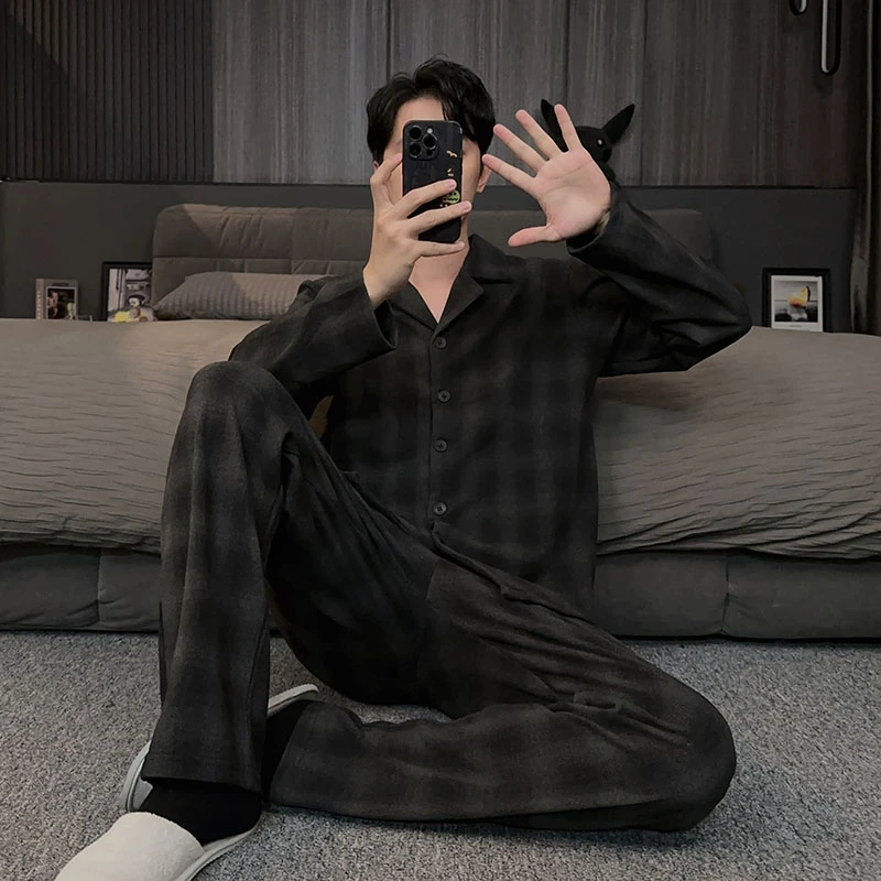 2025新款格子高级感男士睡衣冬季德绒保暖加绒加厚爸爸家居服套装