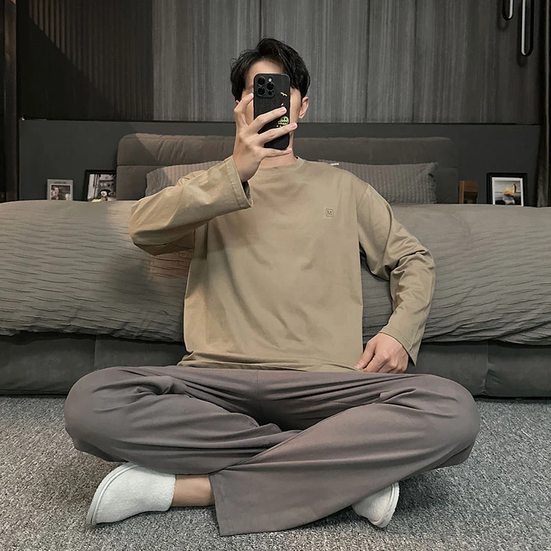 秋季睡衣男纯棉长袖圆领春秋款可外穿高级感日系情侣家居服两件套
