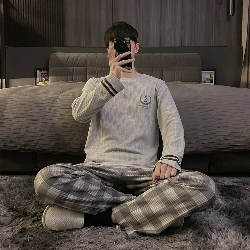 圆领春秋睡衣男款纯棉长袖新款宽松可外穿青年秋冬居家服套头套装