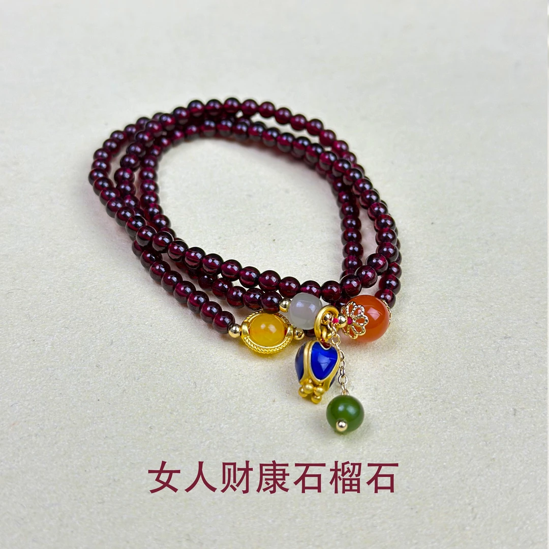 女人石三圈石榴石百搭时尚款铃兰花