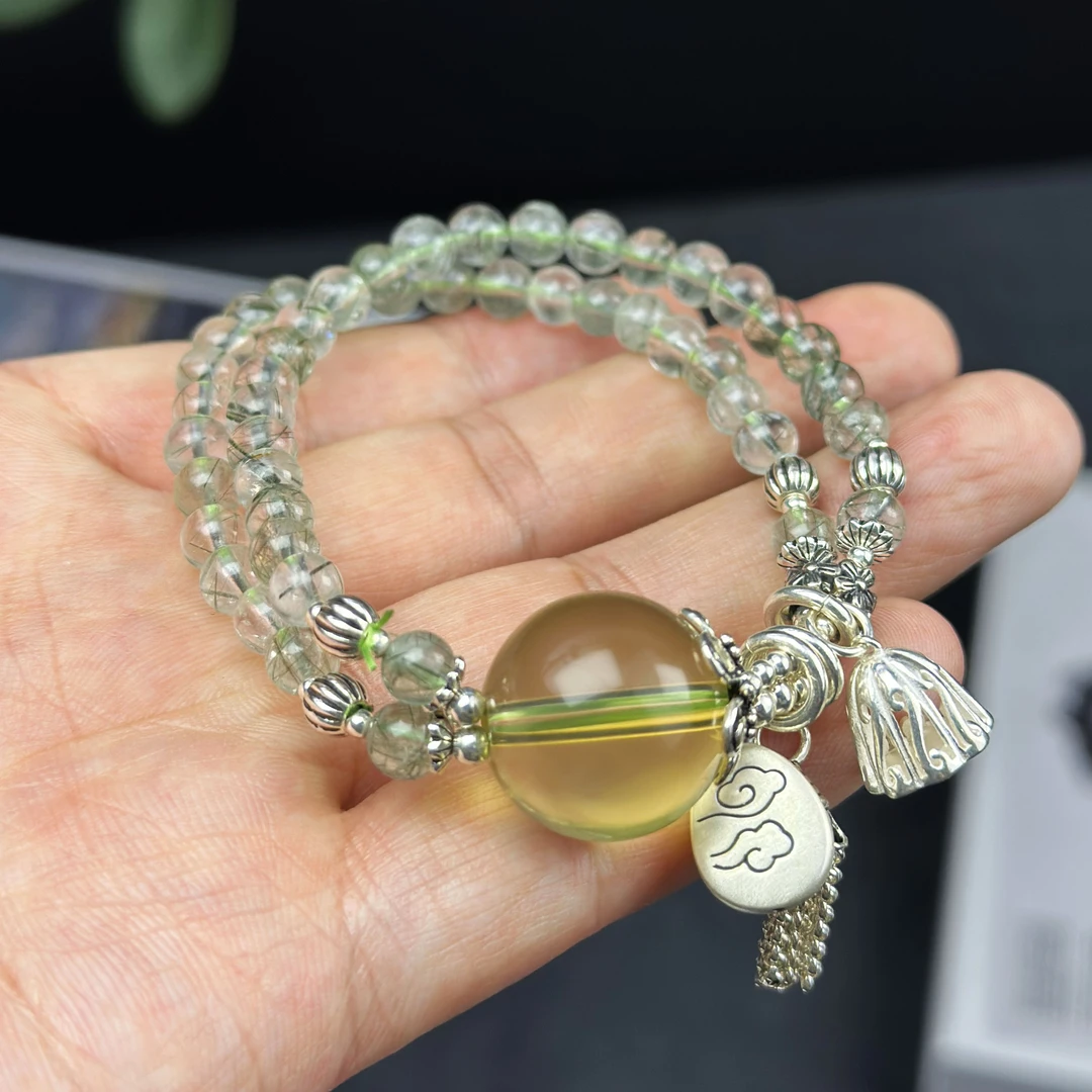 纯净体绿发晶大颗黄水晶S925银吉祥福牌手链