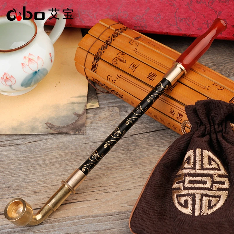 艾宝传统老式旱烟袋锅手工子黄铜双档实木印花杆便携短男士烟具