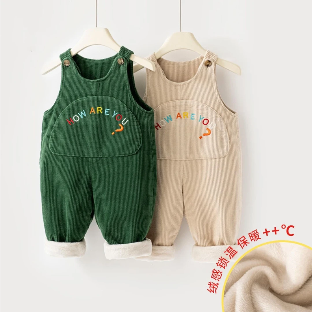 宝宝灯芯绒背带裤加绒秋冬款可爱女宝刺绣加绒棉裤男小童加厚裤子