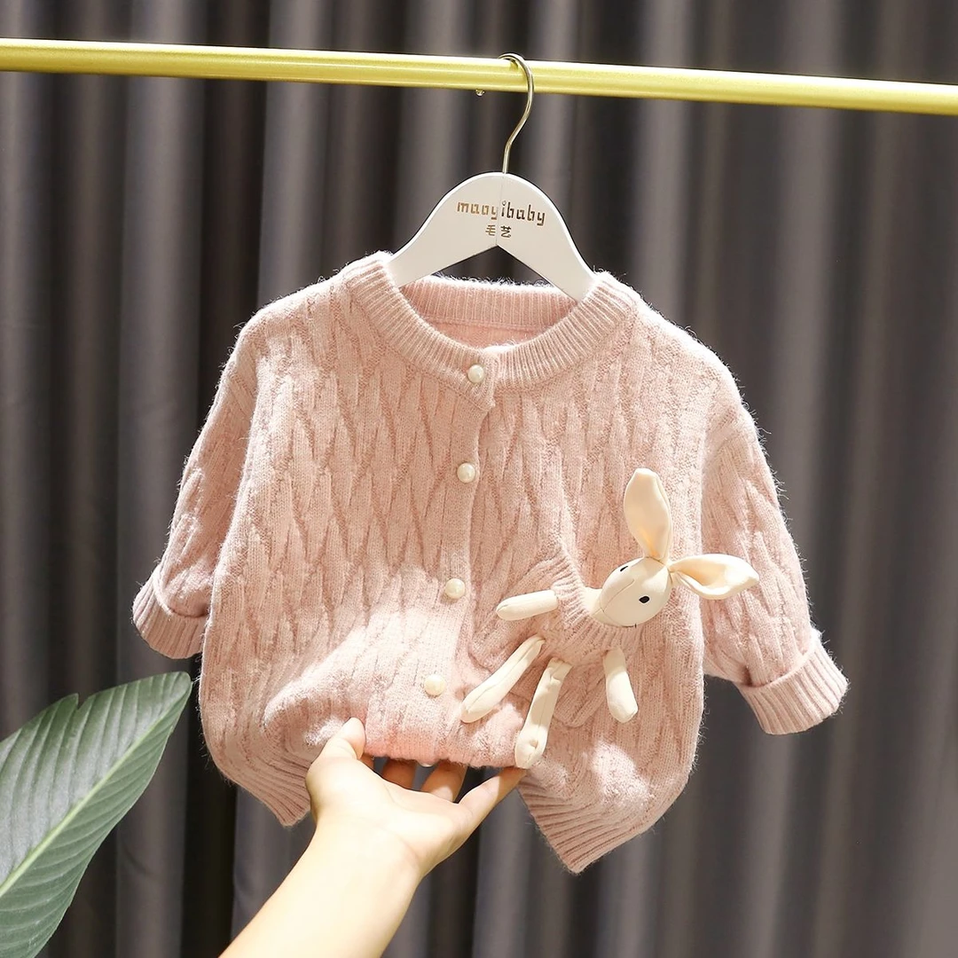 女童毛衣女宝宝超萌立体口袋兔女婴儿春装新款3质感针织开衫外套