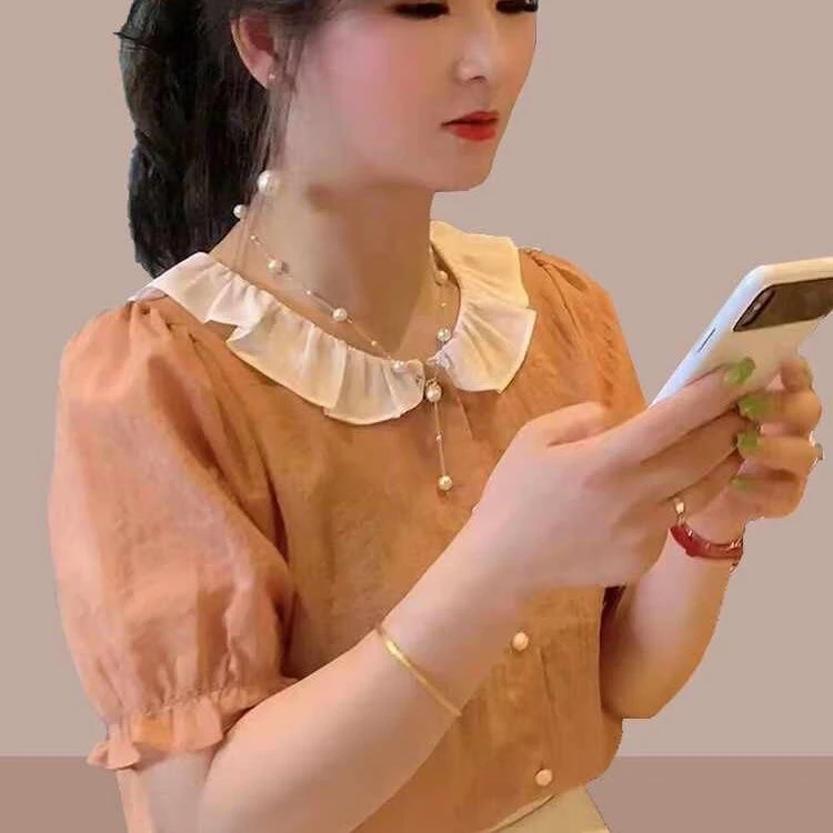 娃娃领撞色短袖雪纺衫女夏季新款宽松大码薄款衬衫宽松泡泡袖上衣