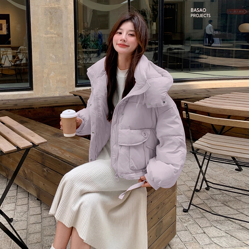 韩系减龄短款白鸭绒面包服女2024冬季新款显瘦保暖连帽羽绒服外套