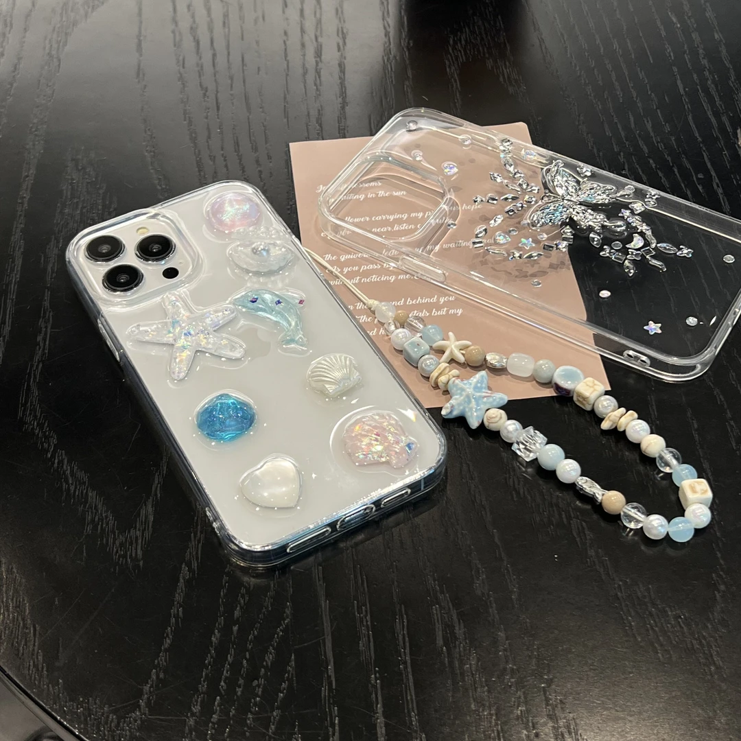 清透感水钻蝴蝶海豚链条壳适用iphone16pm手机壳苹果14/13/15透明