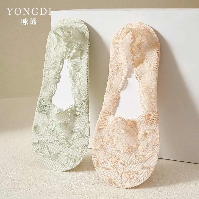 船袜女夏季蕾丝花边透气薄款棉柔底吸汗不臭脚硅胶防滑不掉跟船袜