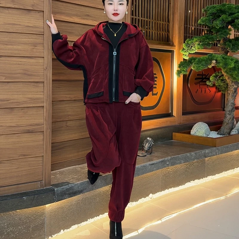 【7095】2025年秋季新款粗条欧棉绒连帽拉链时尚洋气休闲宽松套装女