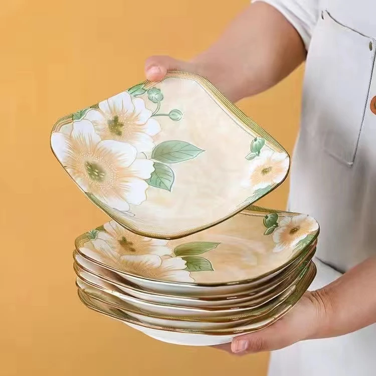 破价浮力 山茶花8.5英寸方盘6只装陶瓷餐具家用陶瓷吃饭盘盛菜盘