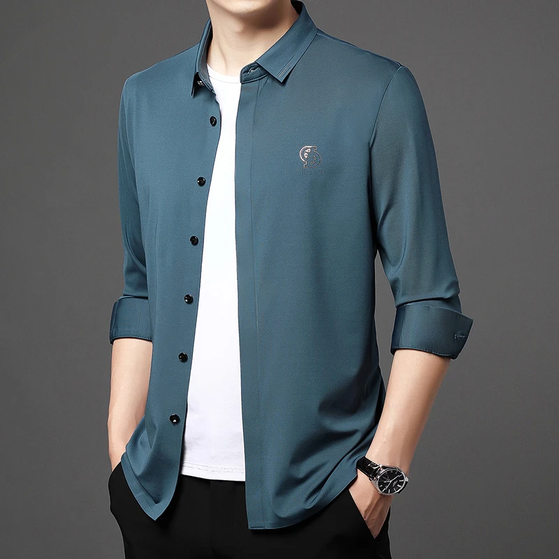 春秋衬衣衬衫男士长袖时尚休闲商务薄款纯色中青年爸爸装简约百搭