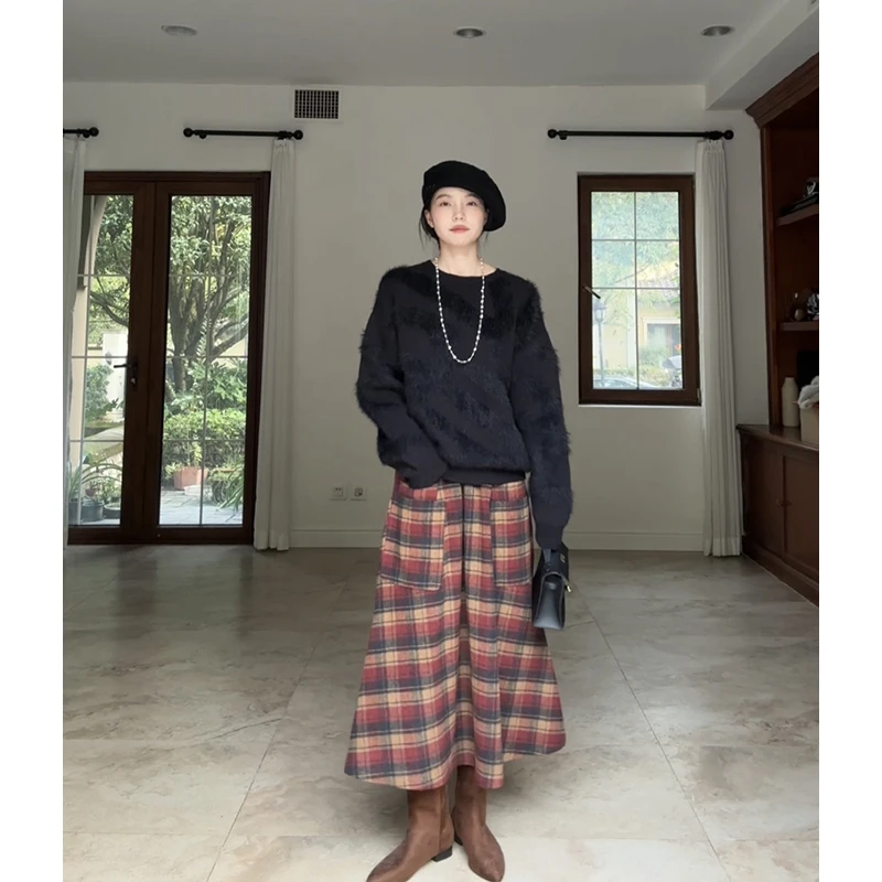 【断码特价 现货不补】长绒圆领毛衣羊毛毛呢格子半裙 G924G18090