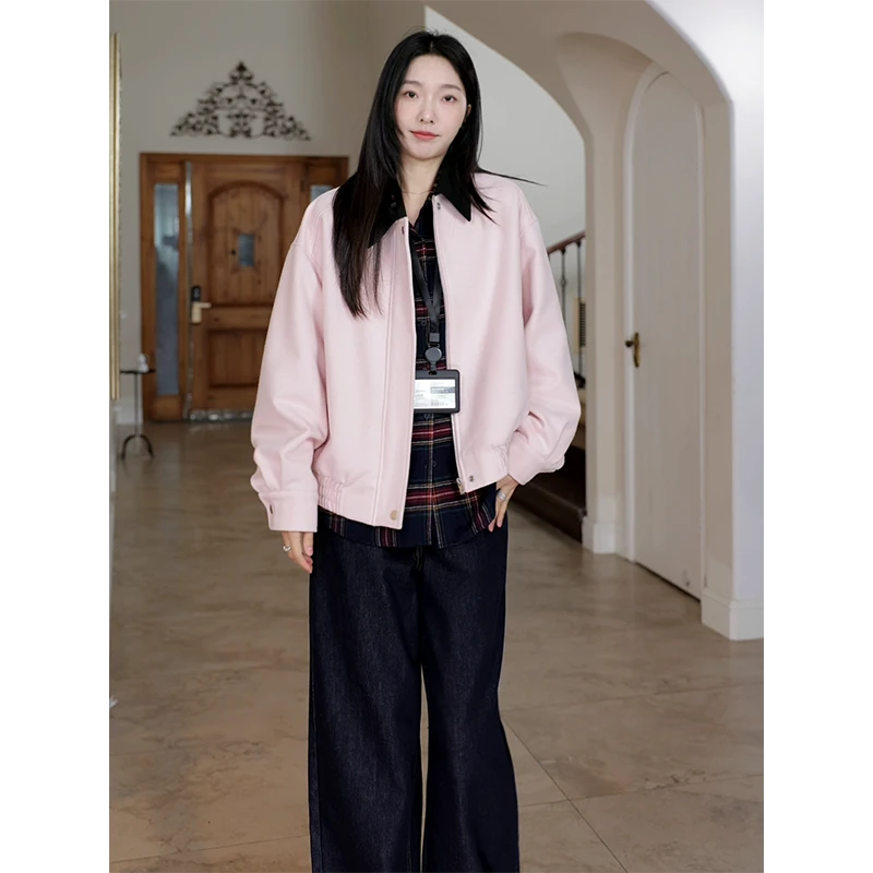 郭九九呢 复古撞色拼接翻领粉色夹克外套阔腿牛仔裤 G924A16654-1