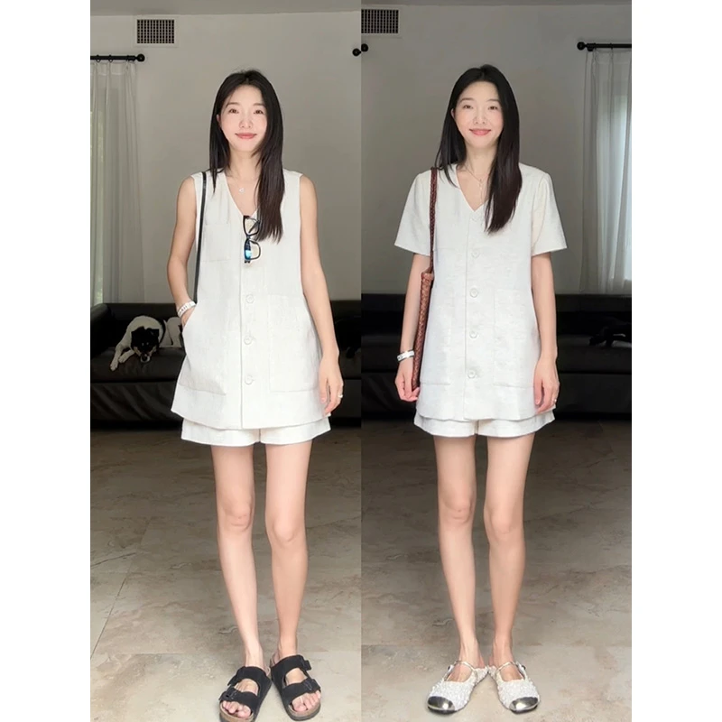 郭九九呢 亚麻极简老钱风V领透气无袖上衣宽松显瘦短裤G924A07970