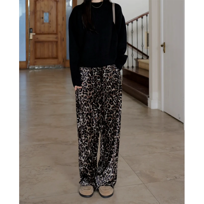 郭九九呢 豹纹丝绒显瘦直筒拖地裤宽松简约显瘦毛衣 G924K13237