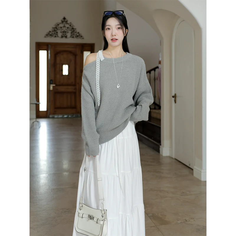 郭九九呢 棉蕾丝带露肩宽松显瘦毛衣外套百搭半身裙 G924Z13862