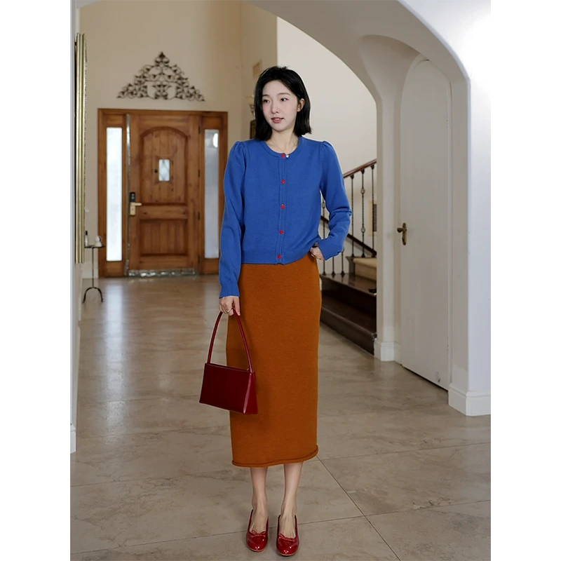 【断码特价 现货不补】 撞色显瘦短毛衣开衫直筒半身裙 G924Z19237